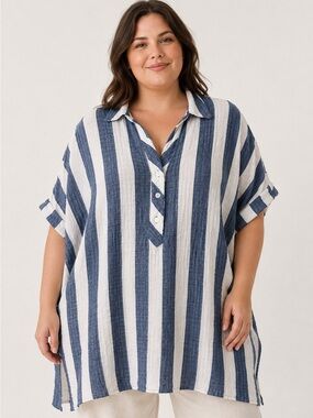 Jane and Delancey Blue and White Striped V-Neck Tunic